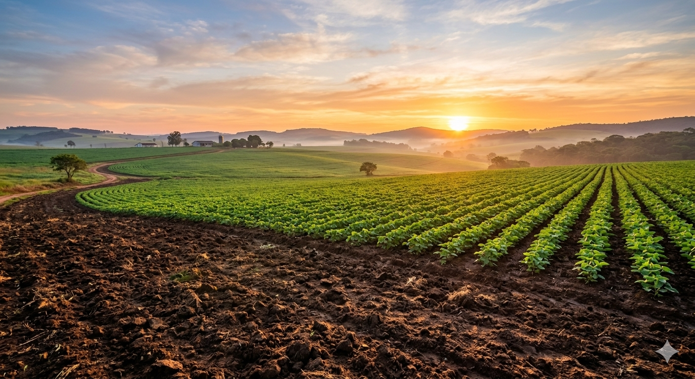 Campo agrícola brasileiro ao amanhecer